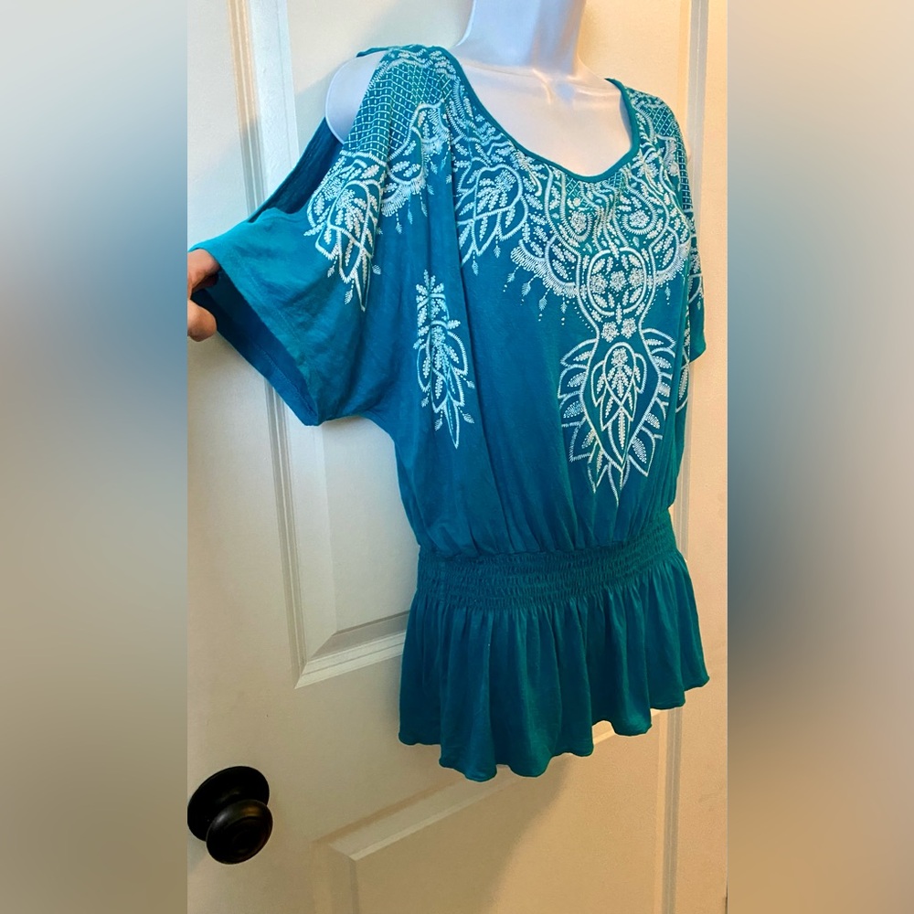B.L.E.U. Teal Blouse with White Embroidery